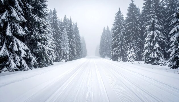A snowy road cuts through a forest of evergreens on a misty day. The trees are covered in snow, leading towards a hazy horizon