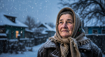 Elderly village woman in snowfall symbolizing resilience and rural life