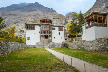 Facade and main entrance of ancient Khaplu palace in autumn, Ghanche. Gilgit-Baltistan, Pakistan.