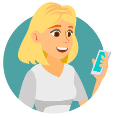 Blonde Woman Holding A Smartphone With A Teal Background And Light Grey Top With White Stripes