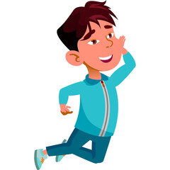 Asian Boy With Brown Hair And Eyes Smiling And Waving Happily While Jumping In The Air Wearing A Blue Zip Up Hoodie And Blue Pants With White Sneakers On A Transparent Background