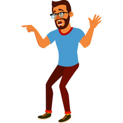 Astonished Man With Beard And Glasses Gesturing Wildly To The Left With A Blue T Shirt And Brown Pants Against A White Background