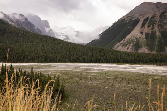 Mountain and River Landscape Along Icefields Parkway in Canada
