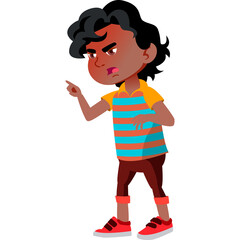 Angry Young Boy Pointing Finger Expressing Frustration Wearing Striped Shirt and Shorts Standing Against White Background Cartoon Vector Illustration