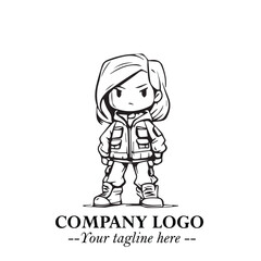 Black and White Chibi Girl Standing in Jacket, Pants, and Boots. Simple Bold Vector Illustration