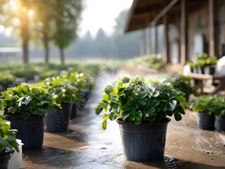 Fresh Green Strawberry Plants Being Watered in Bright Farm Environment