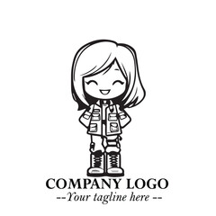 Black and White Chibi Girl Standing in Jacket, Pants, and Boots. Simple Bold Vector Illustration