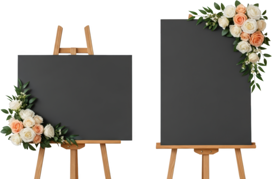Two empty dark gray chalkboards on wooden easels decorated with cream and peach roses and green foliage flowers floral decoration - Powered by Adobe