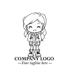 Black and White Chibi Girl Standing in Jacket, Pants, and Boots. Simple Bold Vector Illustration