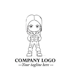 Black and White Chibi Girl Standing in Jacket, Pants, and Boots. Simple Bold Vector Illustration