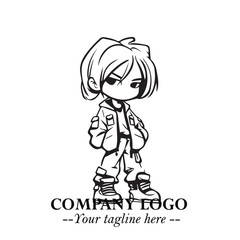 Black and White Chibi Girl Standing in Jacket, Pants, and Boots. Simple Bold Vector Illustration