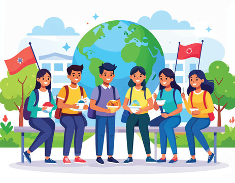 Illustration of diverse group of students sitting with books and backpacks in front of a large globe with a school building and flags in the background