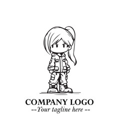 Black and White Chibi Girl Standing in Jacket, Pants, and Boots. Simple Bold Vector Illustration