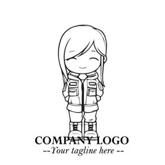 Black and White Chibi Girl Standing in Jacket, Pants, and Boots. Simple Bold Vector Illustration