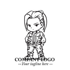 Black and White Chibi Girl Standing in Jacket, Pants, and Boots. Simple Bold Vector Illustration
