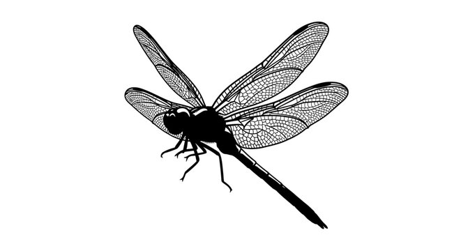 Detailed black and white illustration of a dragonfly with intricate wing patterns and a segmented body, isolated on a white background.