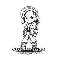 Black and White Chibi Girl Standing in Jacket, Pants, and Boots. Simple Bold Vector Illustration