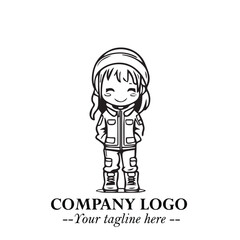 Black and White Chibi Girl Standing in Jacket, Pants, and Boots. Simple Bold Vector Illustration