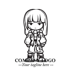 Black and White Chibi Girl Standing in Jacket, Pants, and Boots. Simple Bold Vector Illustration