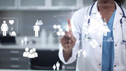 African American Female Doctor Interacting with Futuristic Holographic Medical Interface and Data Icons - Powered by Adobe
