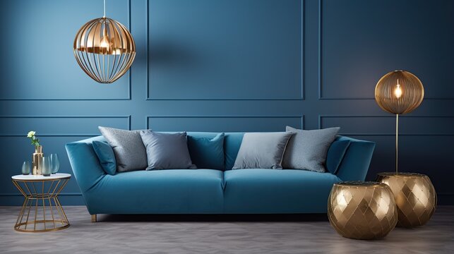 Luxurious modern living room with a plush teal sofa, gold accents, and ambient lighting