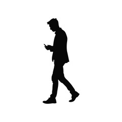 Black and white silhouette illustration of a man standing holding a cell phone, vector style
