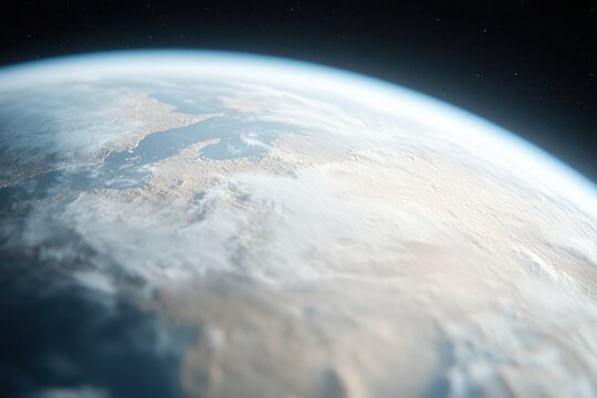 Sustainability resources policy concept. Aerial view of Earth highlighting land and clouds in a space backdrop.