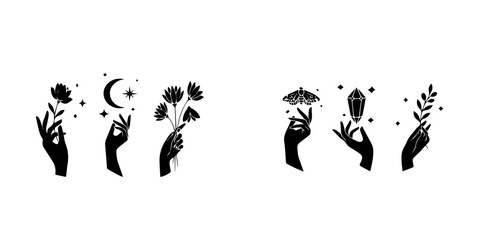 Feminine Mystical Hand Vector Set, Moon Phases, Crystals, and Botanical Design isolated on a white background silhouette