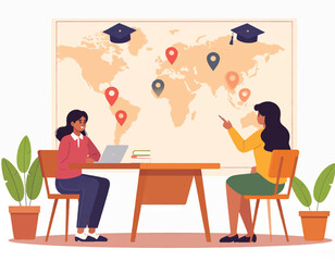 Fototapeta premium Two young women sitting at a desk with a laptop and books in front of a world map with location markers and graduation caps