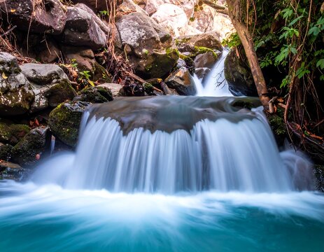 A stunning long-exposure captures a cascading waterfall flowing over rocks, surrounded by lush foliage and forest