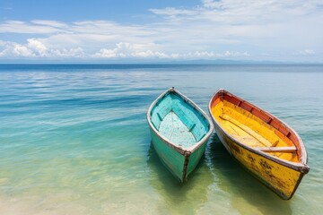 Obraz premium Sustainability resources policy concept. Two colorful boats moored in clear turquoise water under a bright sky.
