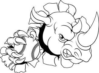 A Rhino Rhinoceros mean tough cartoon sports animal mascot holding a baseball or softball ball