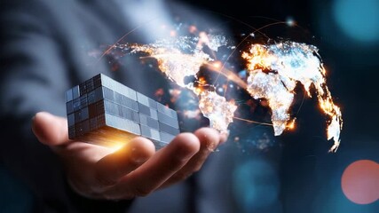 A Glimpse into Global Trade: A Hand Holding a Container with a Digital Representation of the World, Symbolizing Connection and Logistics in Modern Commerce - Powered by Adobe