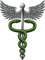 Caduceus staff of Hermes medical or commerce symbol. Snakes around a winged rod. Often used in place of the rod of Asclepius doctor icon for medicine and health care. Vintage woodcut etching style.