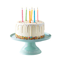 White Frosted Birthday Cake with Colorful Lit Candles and Sprinkles on Blue Stand Isolated on White Background – Festive Celebration Dessert