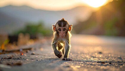 A small primate strides purposefully down a road, bathed in warm sunlight. The background features rolling hills and a bright sunset