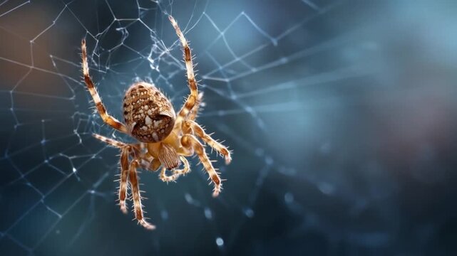 Macro shot of a brown spider suspended in a delicate, glistening web; against a cool blue background