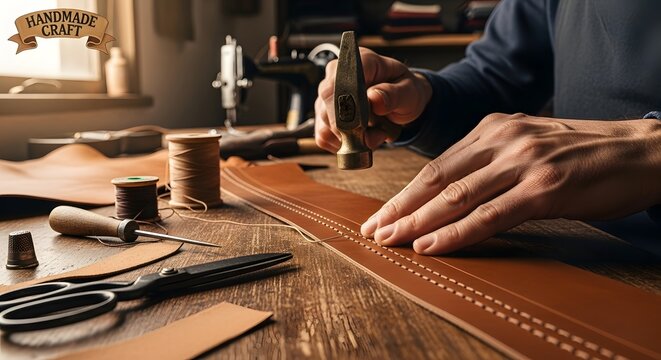 Art of handmade leather crafting in workshop with tools and sewing machine