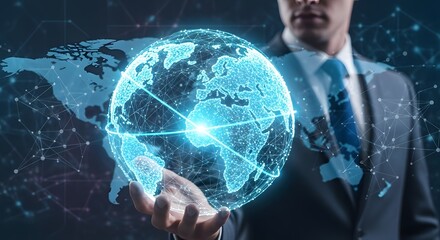 Futuristic business technology concept with businessman holding digital globe for innovative solutions and global connectivity