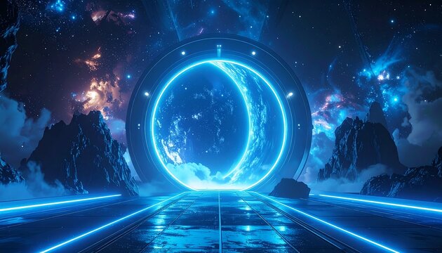 A glowing circular portal on a tiled runway leads to an Earth-like planet with nebula sky and rocky landscape - Powered by Adobe