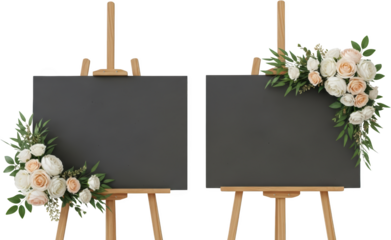 Two dark chalkboards on wooden easels adorned with delicate floral arrangements of roses and greenery on transparent background