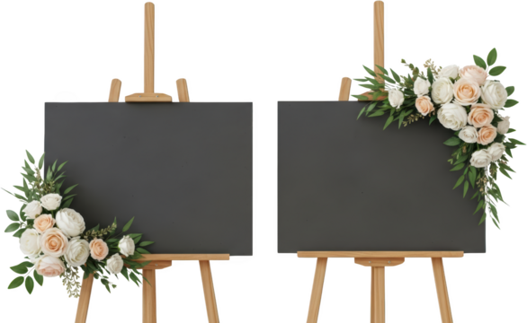 Two dark chalkboards on wooden easels adorned with delicate floral arrangements of roses and greenery on transparent background - Powered by Adobe