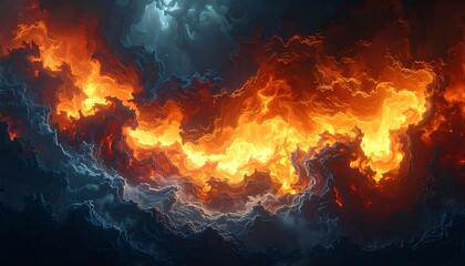 Fiery and stormy abstract visualization of swirling red and blue clouds