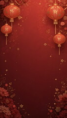 Red festive background with hanging Chinese lanterns and floral decorations, symbol of celebration and luck.