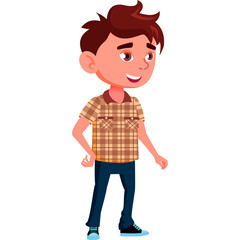 Cartoon boy in plaid shirt and jeans smiling against white background with transparent background