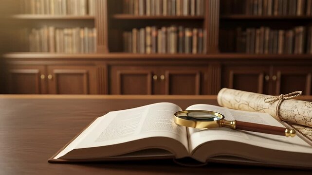 Magnifying Glass on Open Book with Map in Library - Exploration, Research, and Discovery