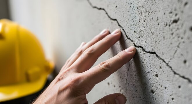 Hand inspecting wall crack indicating potential structural concerns