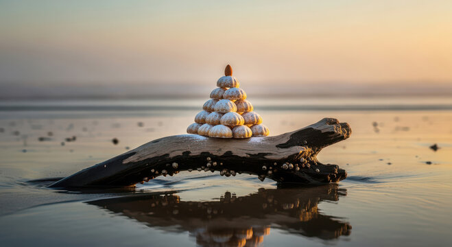 Stacked stones on driftwood at sunset beach