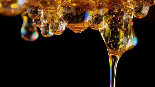 Drips of golden liquid on black background