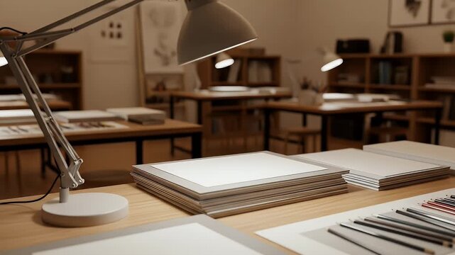 Brightly Lit Artist Studio with Drawing Tables and Pencils, Perfect for Creative Projects and Design Work in a Calm Environment